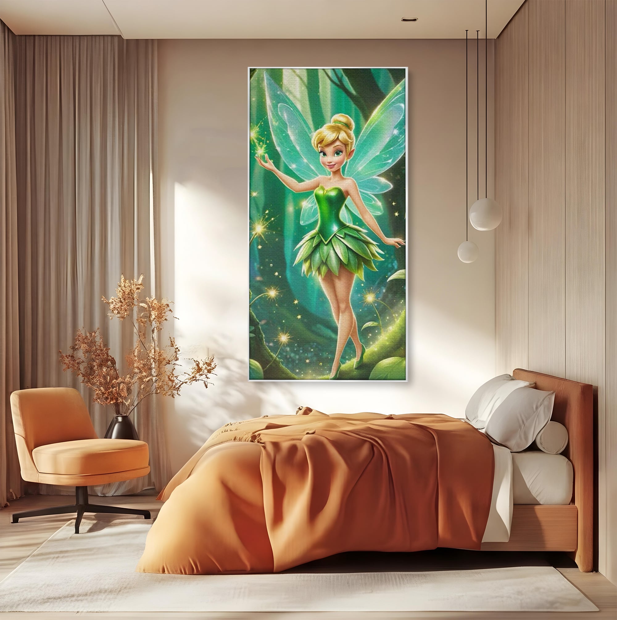 Tablou canvas cu tablou canvas cu zana tinker bell, in rama de aluminiu argintiu, pe perete intr-un dormitor